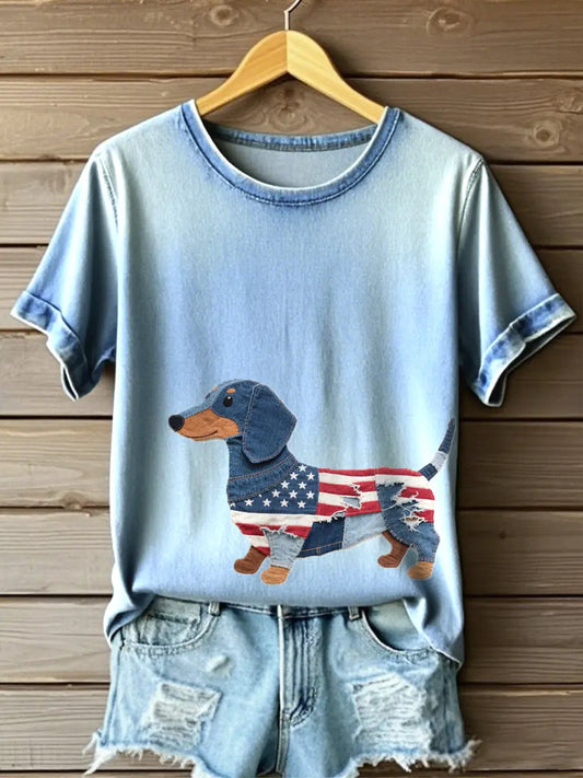 Women's Independence Day Dachshund Patchwork Art Tee
