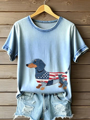 Women's Independence Day Dachshund Patchwork Art Tee