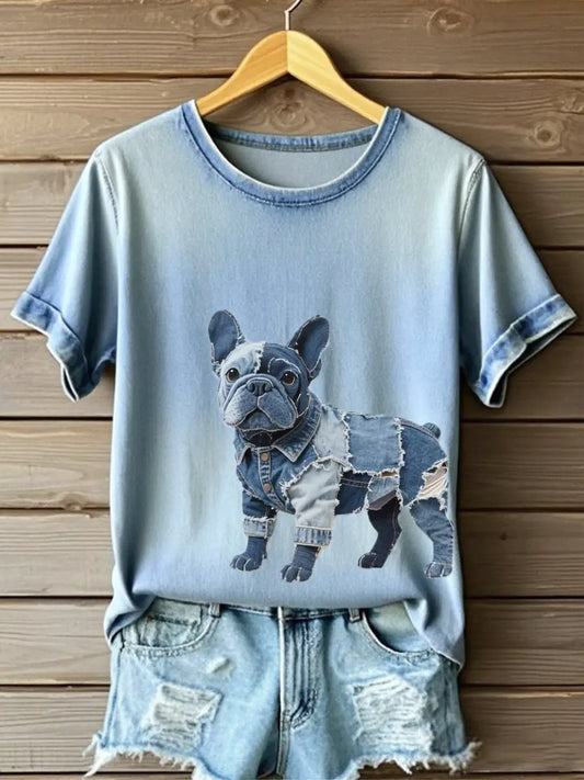 Women's French Bulldog Pattern Patchwork Art T-Shirt