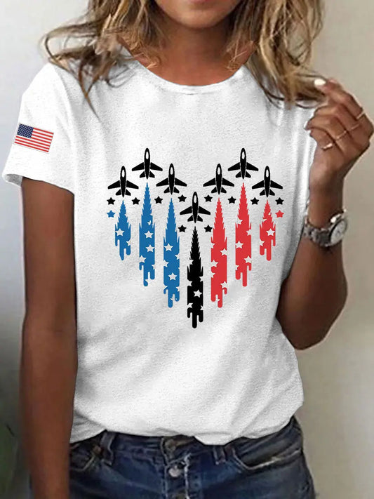 Women's Independence Day American Flag Jet Planes Print Casual Tee