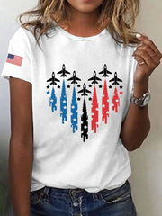 Women's Independence Day American Flag Jet Planes Print Casual Tee