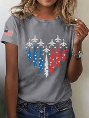 Women's Independence Day American Flag Jet Planes Print Casual Tee