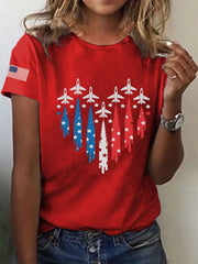 Women's Independence Day American Flag Jet Planes Print Casual Tee