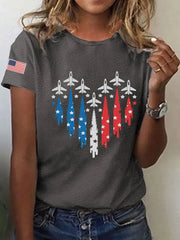 Women's Independence Day American Flag Jet Planes Print Casual Tee