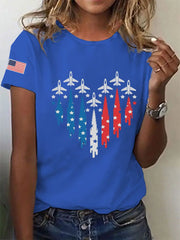 Women's Independence Day American Flag Jet Planes Print Casual Tee