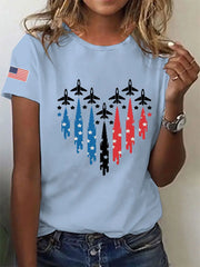 Women's Independence Day American Flag Jet Planes Print Casual Tee