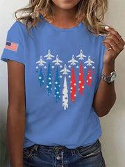 Women's Independence Day American Flag Jet Planes Print Casual Tee