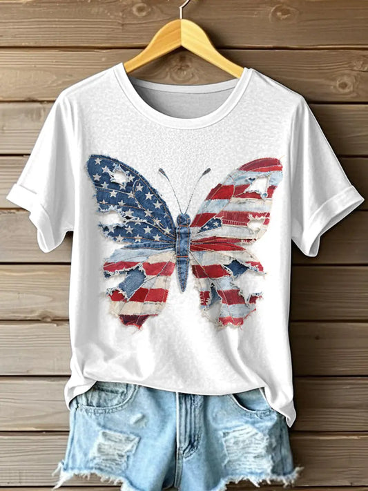 Women's Independence Day Inspired Butterfly Pattern Patchwork Art T-Shirt