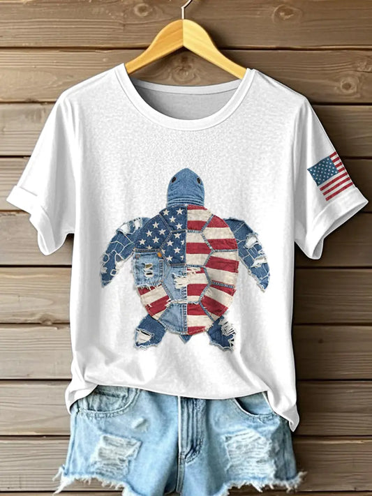 Women's Independence Day Inspired Sea Turtle Pattern Patchwork Art T-Shirt