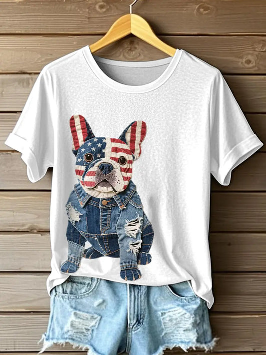 Women's Independence Day Inspired French Bulldog Pattern Patchwork Art T-Shirt