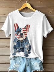 Women's Independence Day Inspired French Bulldog Pattern Patchwork Art T-Shirt