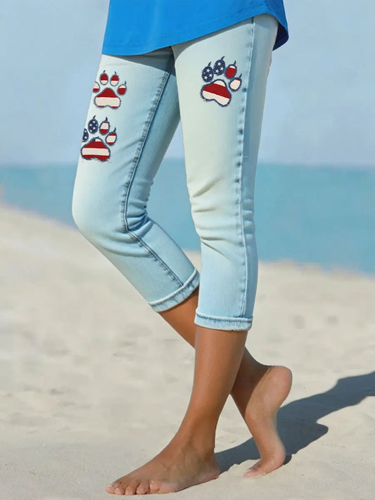 Women's Independence Day Denim Cat's Paw Stretch cropped leggings