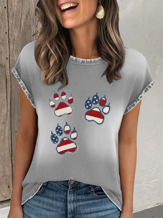 Women's Independence Day Flag Denim Cat's Paw T-shirt