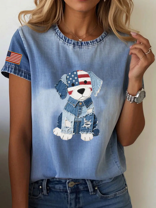 Women's Independence Day Denim Dog T-shirt