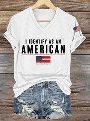 Women's I Identify As An American USA Flag Casual V-Neck Tee