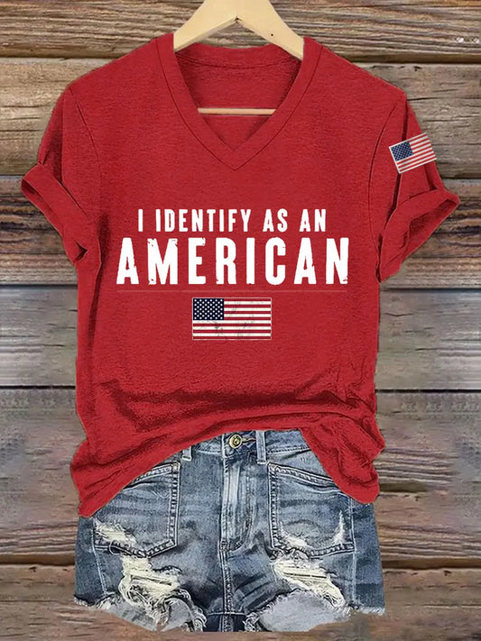 Women's I Identify As An American USA Flag Casual V-Neck Tee