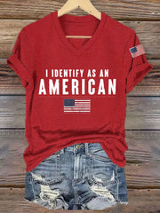 Women's I Identify As An American USA Flag Casual V-Neck Tee
