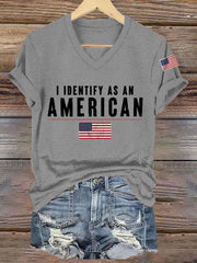 Women's I Identify As An American USA Flag Casual V-Neck Tee