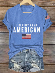 Women's I Identify As An American USA Flag Casual V-Neck Tee