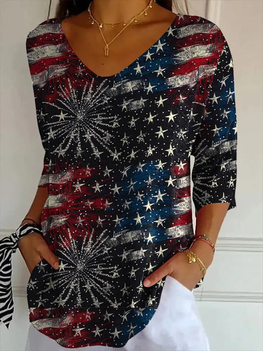 Women's Independence Day Fireworks Printed V-Neck Top