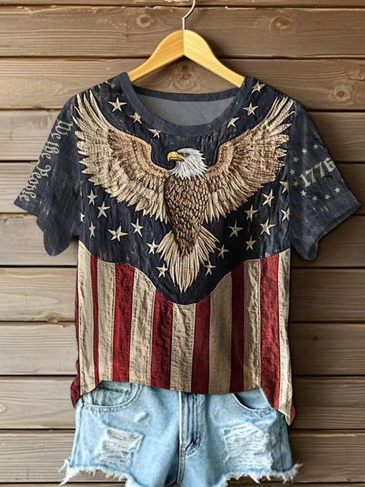 Women's 4th of July Eagle Flag Patriotic Printed T-shirt