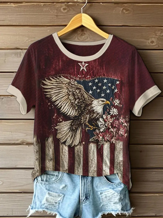 Women's 4th of July Eagle Flag Patriotic Printed T-shirt