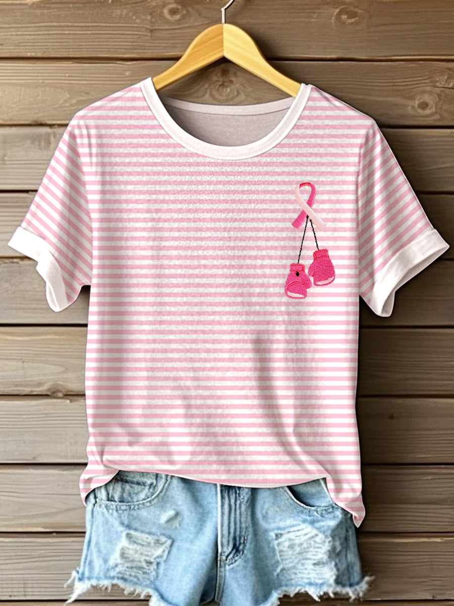 Women's Breast Cancer Awareness Ribbon Embroidered Striped T-Shirt