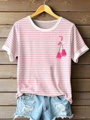Women's Breast Cancer Awareness Ribbon Embroidered Striped T-Shirt
