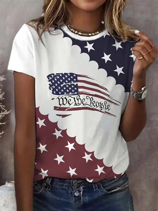 Women Independence Day America Flag Short Sleeve T-shirt