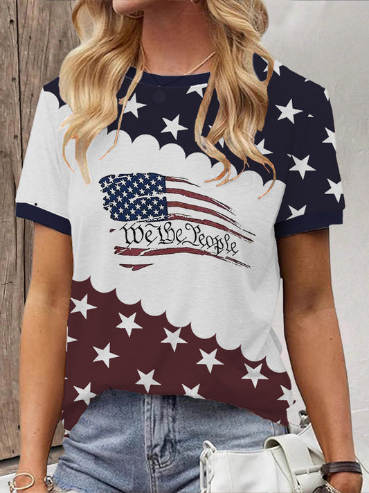 Women Independence Day America Flag Short Sleeve T-shirt