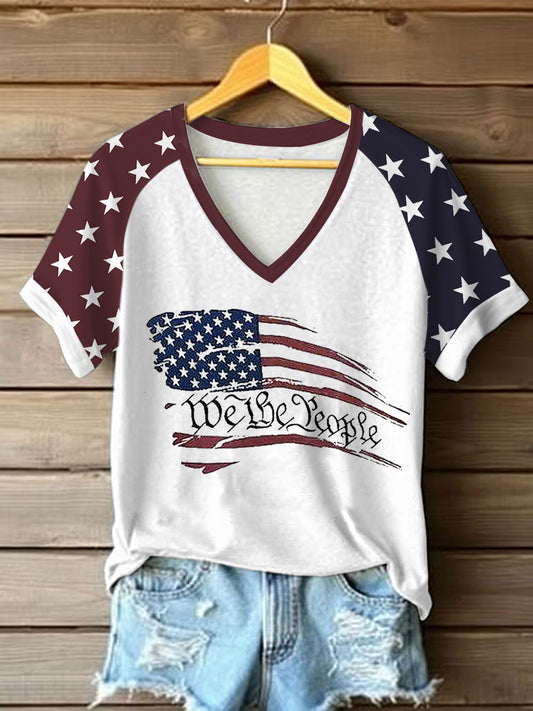 Women Independence Day America Flag V-neck off-shoulder short-sleeved T-shirt