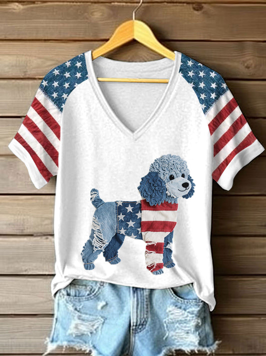 Women's Independence Day Poodle Pattern Patchwork Art T-Shirt