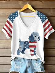 Women's Independence Day Poodle Pattern Patchwork Art T-Shirt