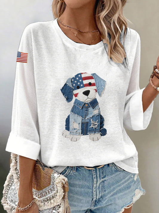 Women's Flag Dog Waffle Long Sleeve T-Shirt