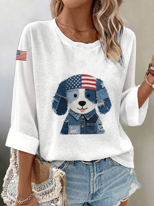 Women's Flag Dog Waffle Long Sleeve T-Shirt