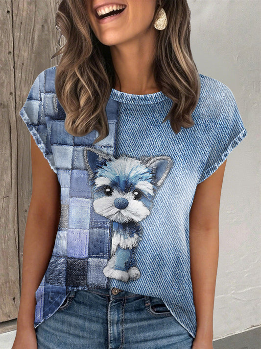 Women's denim puppy print t-shirt
