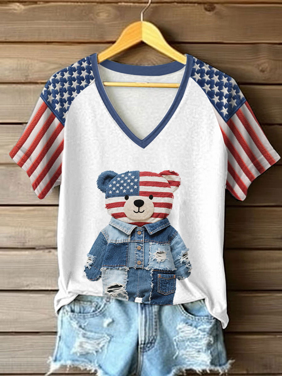 Women's Flag Bear Denim Print T-Shirt