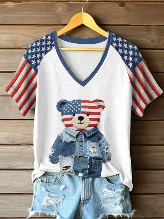 Women's Flag Bear Denim Print T-Shirt