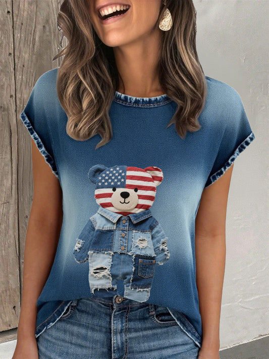 Women's Flag Bear Denim Print T-Shirt