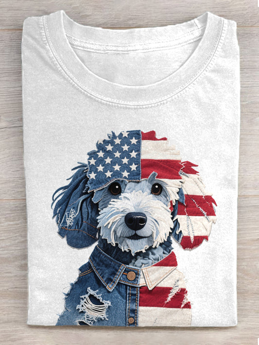 Women's Independence Day Dog Patchwork Art Short Sleeve T-Shirt