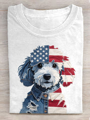 Women's Independence Day Dog Patchwork Art Short Sleeve T-Shirt