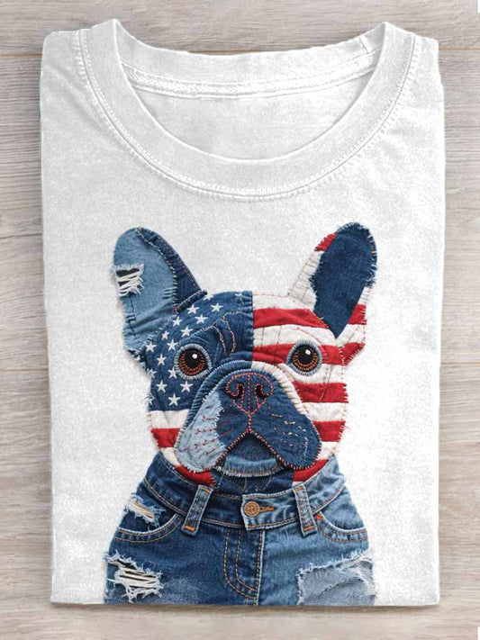 Women's Independence Day French Bulldog Patchwork Art Short Sleeve T-Shirt