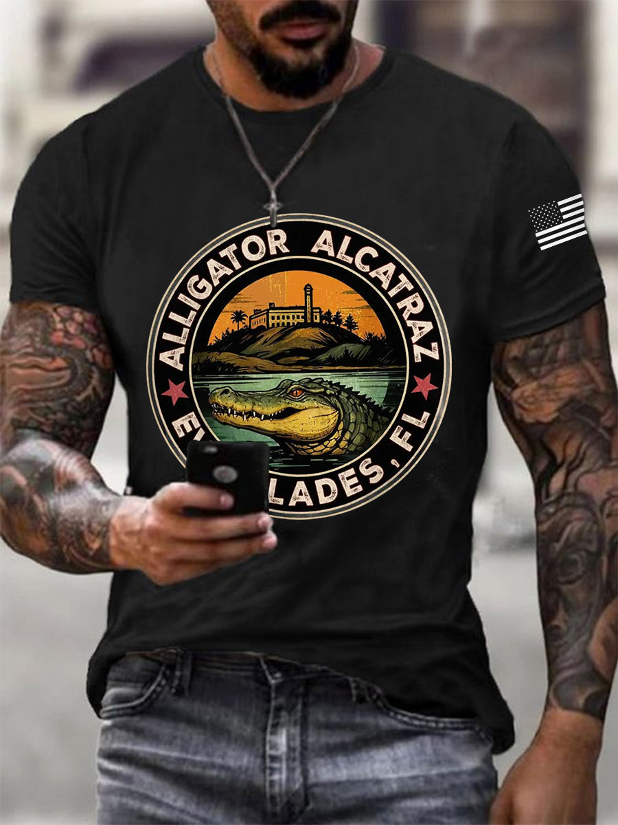 Men's Retro Alligator Alcatraz Funny Florida Everglades Dark Humor Tee