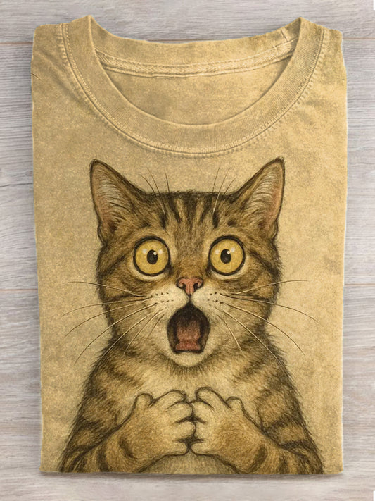 Women's Vintage Cat Print Washed T-Shirt