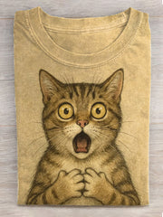 Women's Vintage Cat Print Washed T-Shirt