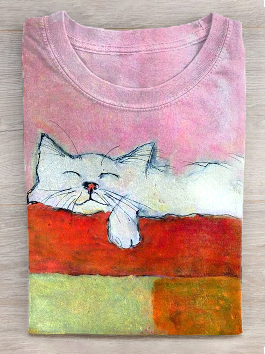 Women's Oil Painting Art Cat Print Washed T-Shirt