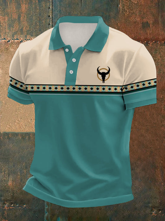 Men's Retro Western Bull Skull Aztec Print Casual Top