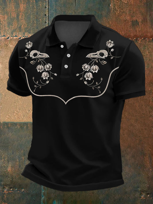 Men's Retro Western Flower And Raven Skull Print Casual Top