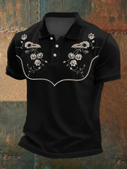 Men's Retro Western Flower And Raven Skull Print Casual Top