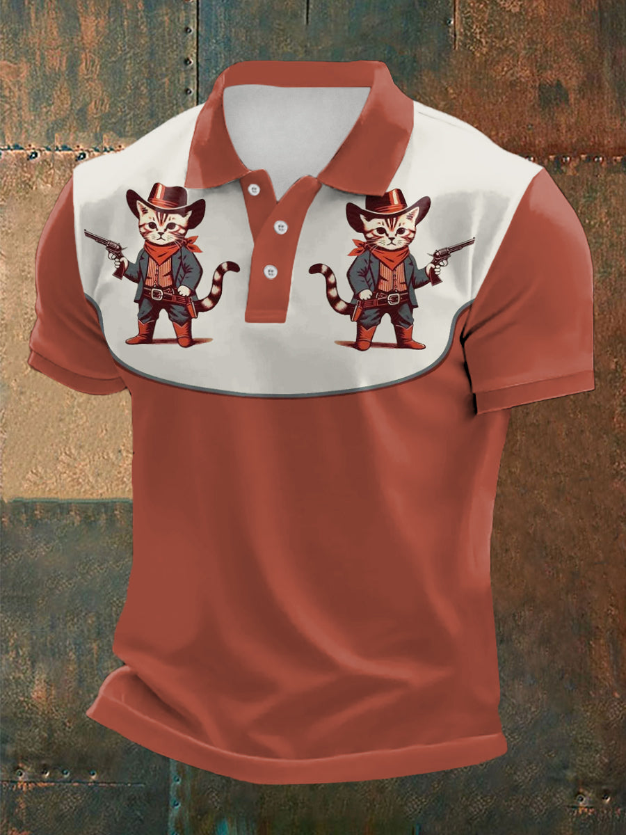 Men's Retro Western Cowcat Print Casual Top